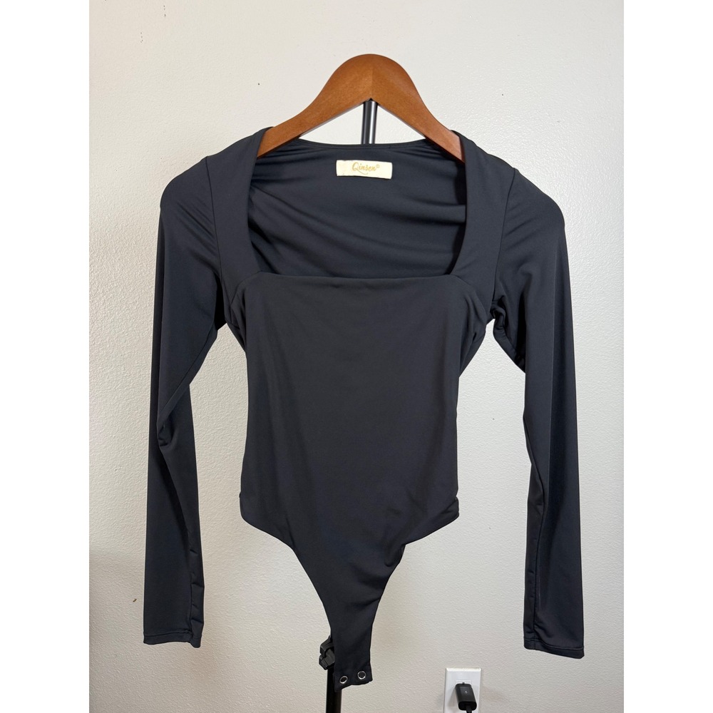 Qinsen Black Long Sleeve Square Neck Bodysuit XS